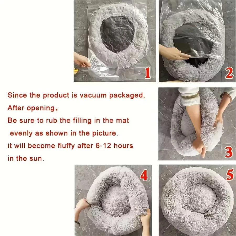 Tapis de lit douillet pour chat, lit apaisant en fausse fourrure pour chien, lit rond en forme de beignet, confortable pour dormir, lavable pour les chiens et les chats de petite et moyenne taille.