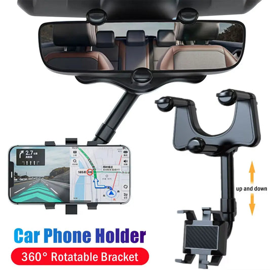 Adjustable Car Rearview Mirror Phone Holder 360° Retractable Cell Phone Holder Clip Phone GPS Support Mobile Phone Mount Stand