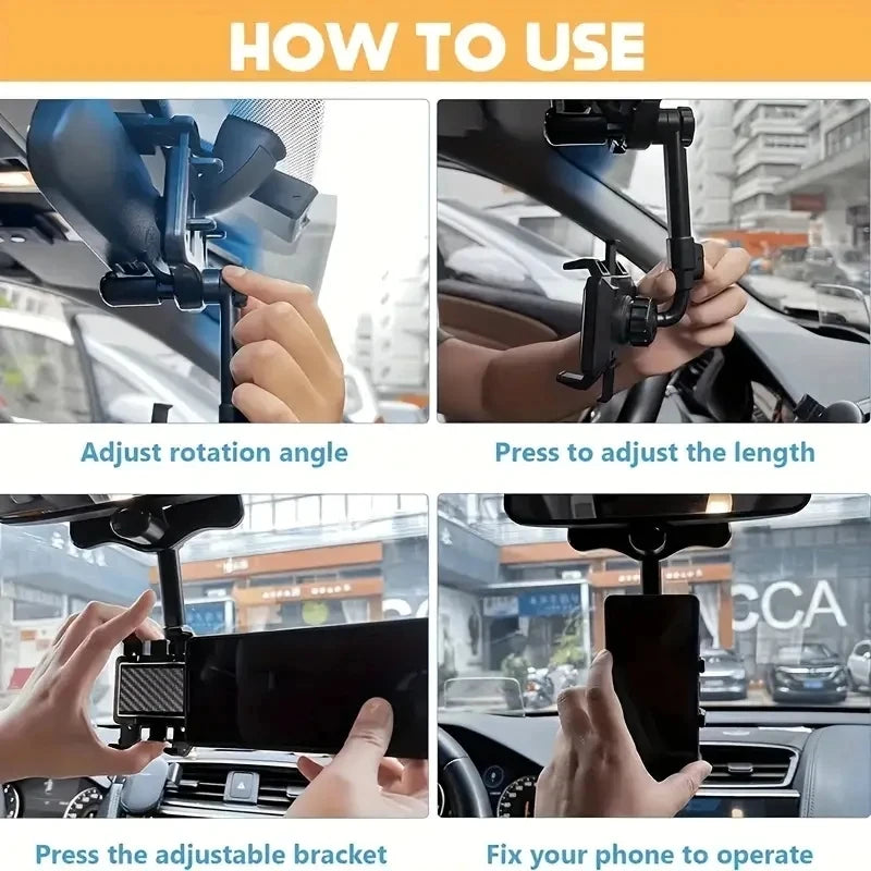 Adjustable Car Rearview Mirror Phone Holder 360° Retractable Cell Phone Holder Clip Phone GPS Support Mobile Phone Mount Stand