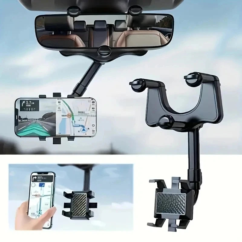 Adjustable Car Rearview Mirror Phone Holder 360° Retractable Cell Phone Holder Clip Phone GPS Support Mobile Phone Mount Stand