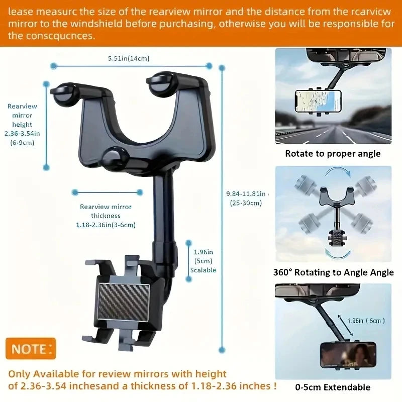 Adjustable Car Rearview Mirror Phone Holder 360° Retractable Cell Phone Holder Clip Phone GPS Support Mobile Phone Mount Stand