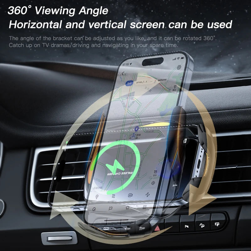 1PC Updated Car Wireless Phone Holder with Wireless Charging, Universal Ventilation Components, 360° Rotating Arm, USB Connector