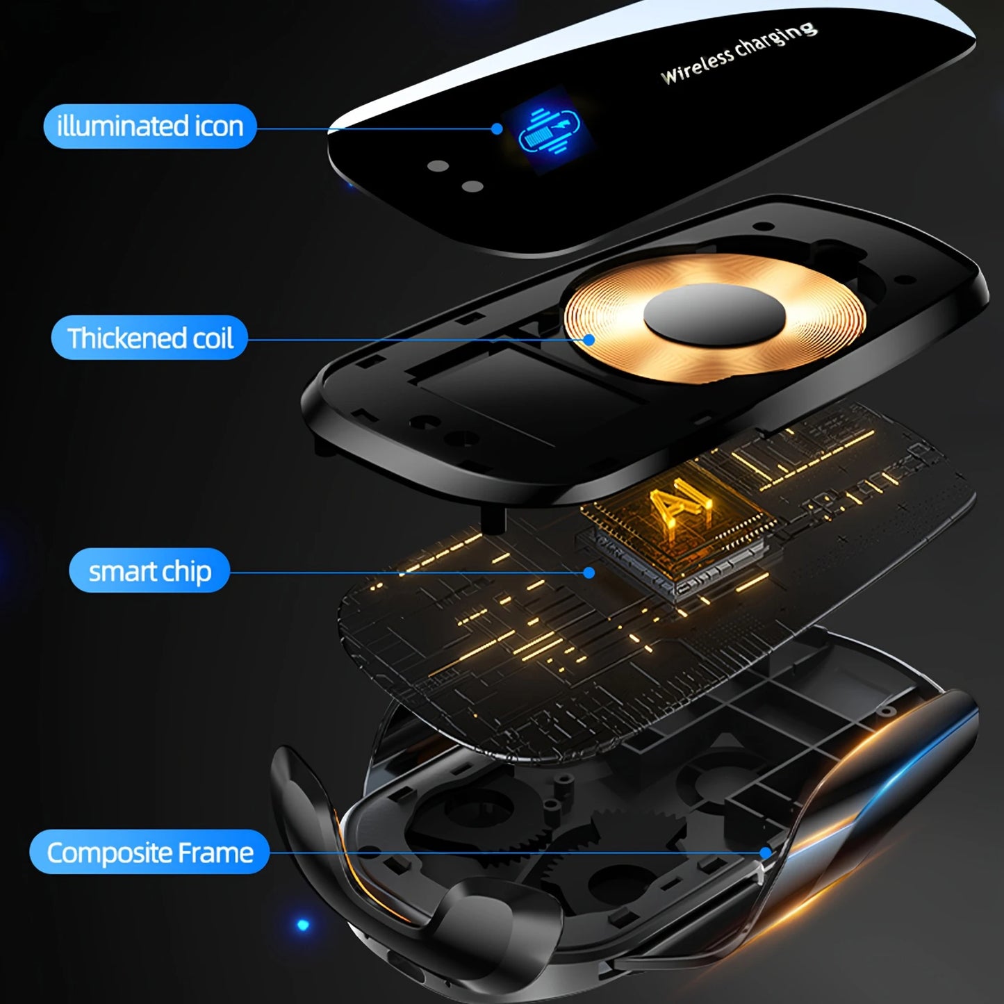 1PC Updated Car Wireless Phone Holder with Wireless Charging, Universal Ventilation Components, 360° Rotating Arm, USB Connector
